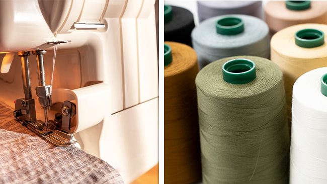 Double-needle serger overlock sewing machine next to an array of colorful upholstery sewing thread cones.