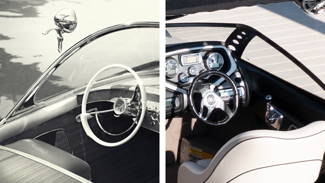 Side-by-side image of both vintage and modern boat steering wheels and upholstery fabric.
