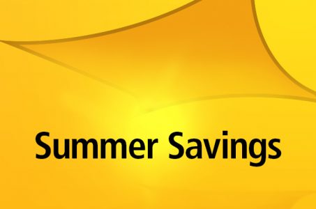 Text 'Summer Savings' on a bright yellow patterned background