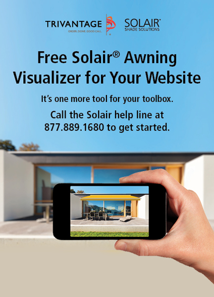 Hand holding a phone capturing an image of an awning in front of a house for Trivantage and Solair print ad