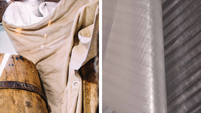 old marine canvas scraps next to modern HDPE patterning material