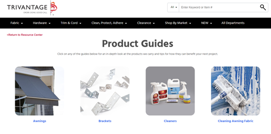 Screenshot of TRIVANTAGE product guide displaying awning products, brackets, cleaners, and fabric care essentials