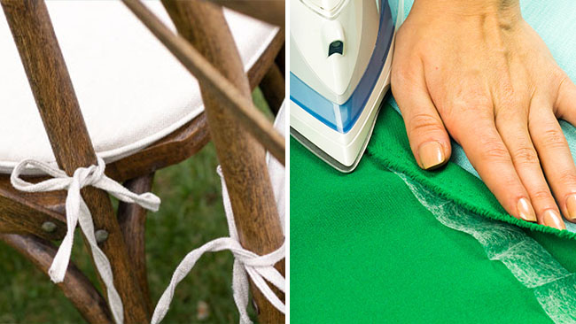 Wooden chair featuring custom cushions with cotton fabric tape tie downs next to a fabricator using an iron to apply heat sealing fabric tape to a fabric seam