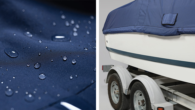 Water droplets on blue Hydrofend cover fabric
