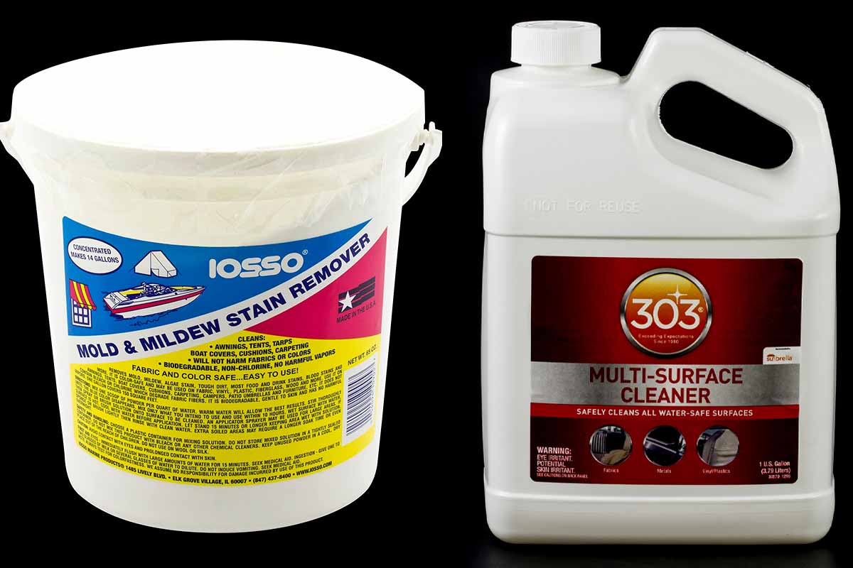 1 bucket of IOSS0 mold and mildew stain remover, and gallon jug of 303 Multisurface Cleaner