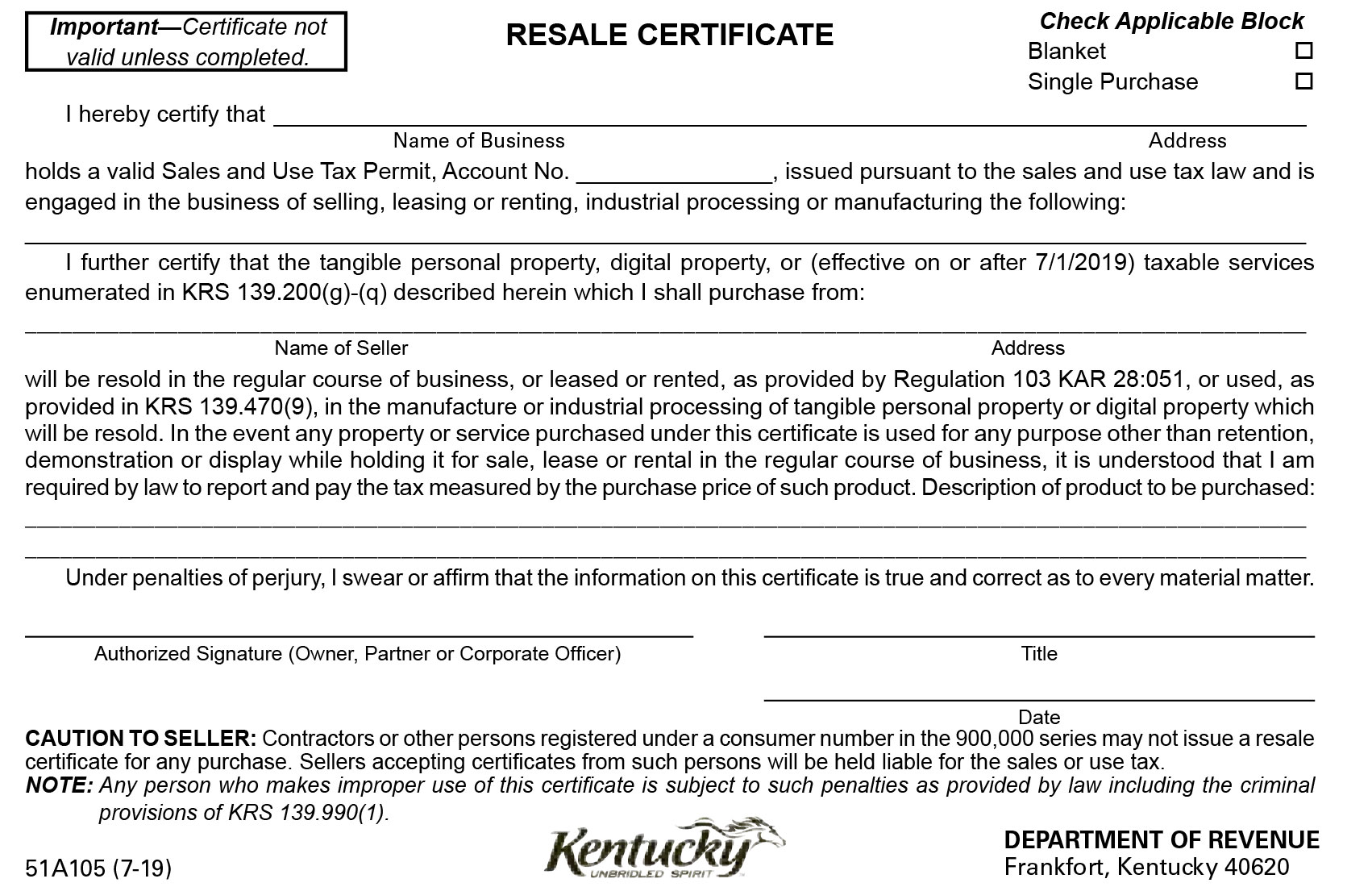 Kentucky resale certificate