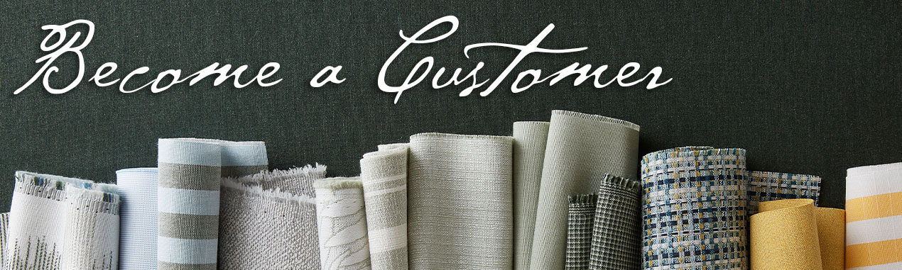 Banner image for the become a customer page with eleven different colors and patterns of rolled fabric.