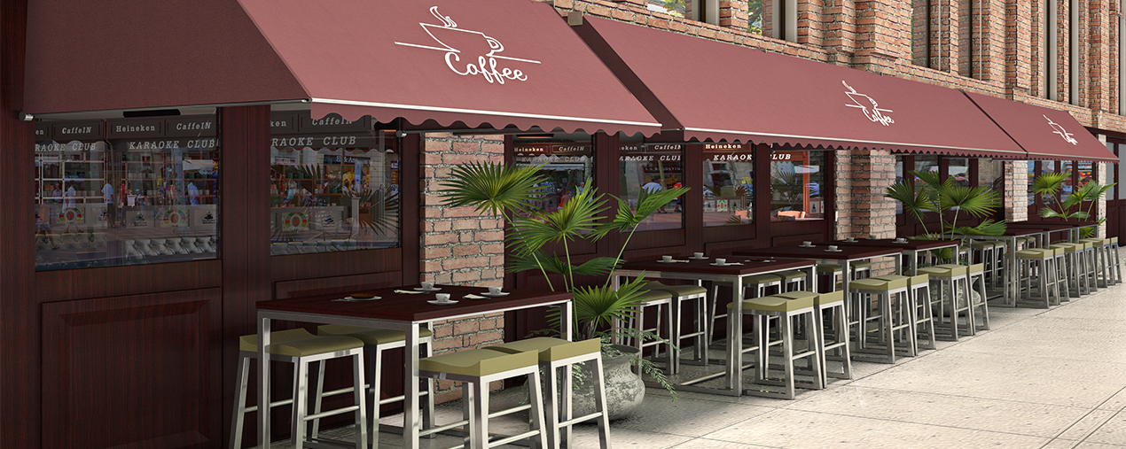 Outdoor dining under brown awnings