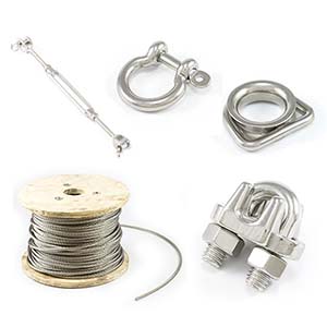 Solamesh hardware: 1 turnbuckle, 1 bow shackle, 1 dee ring thimble, 1 rope clamp, and 1 roll of wire rope