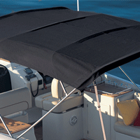 boat with black soft top canopy