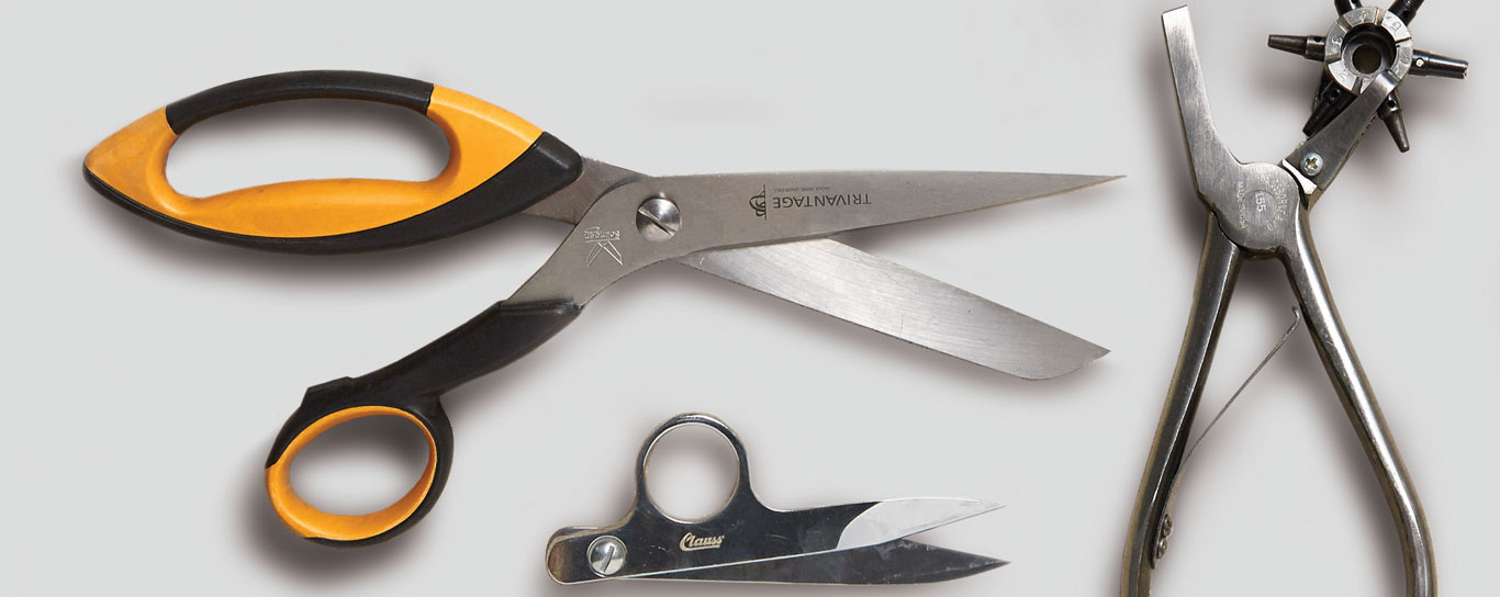 3 images on one background: 1 pair of Shears, 1 pair of thread nippers, and 1 revolving punch tool