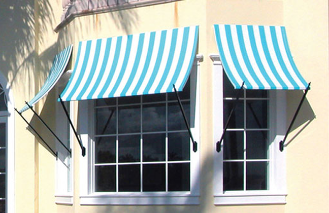 blue and white striped Weblon Coastal Plus awnings