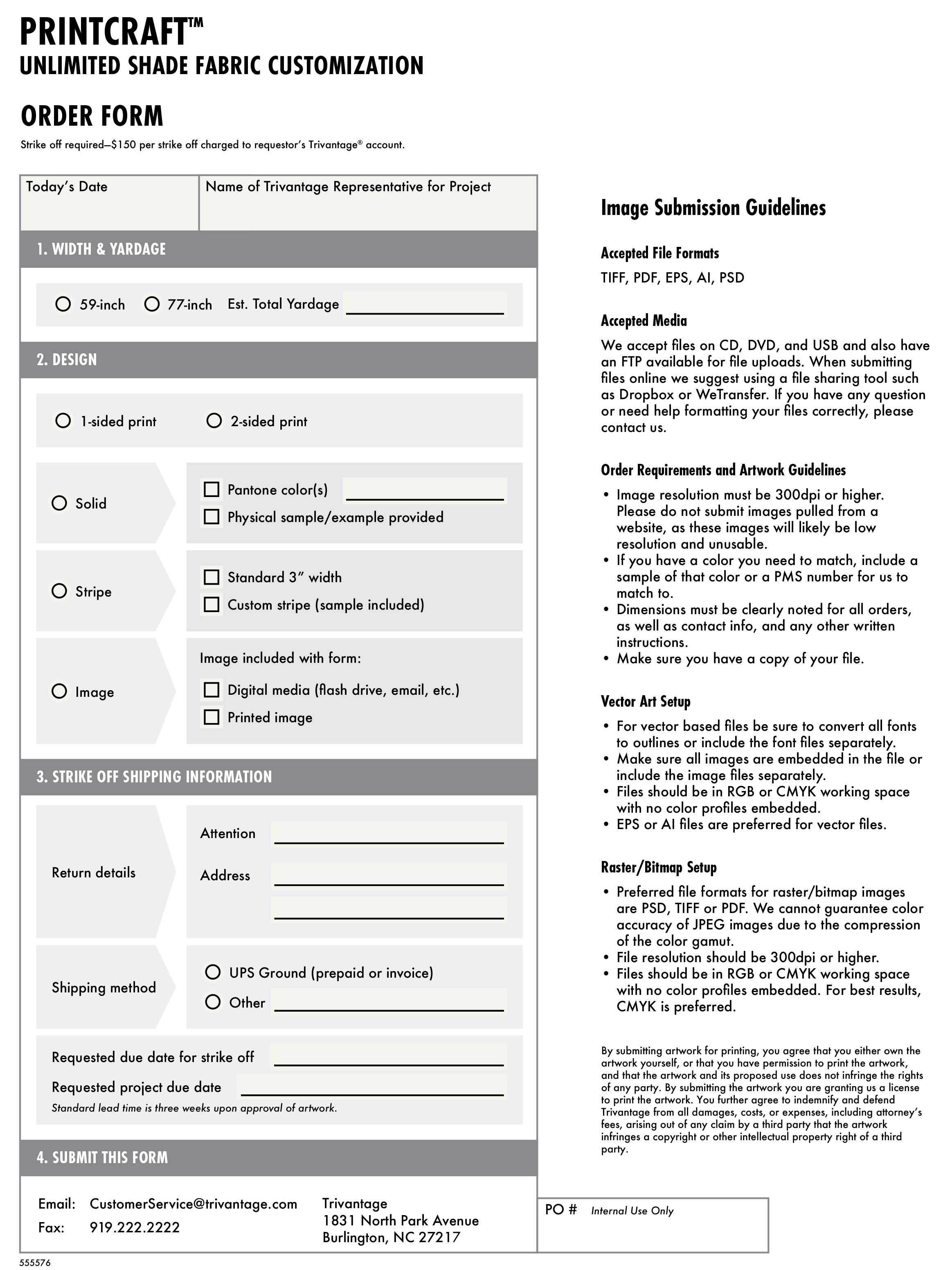 Customization order form sheet with the Printcraft logo