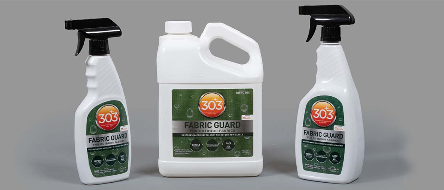303 Fabric Guard products left to right: 1 small spray bottle, 1 jug of liquid, 1 large spray bottle