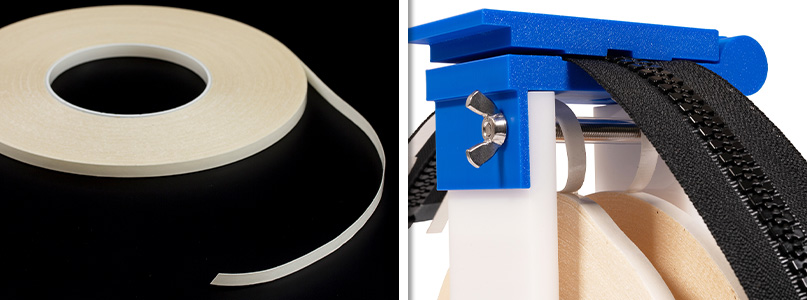 Seamstick double sided tape roll next to an image of the Seamstick taper tool in action, applying fabric tape to both sides of a zipper at the same time.