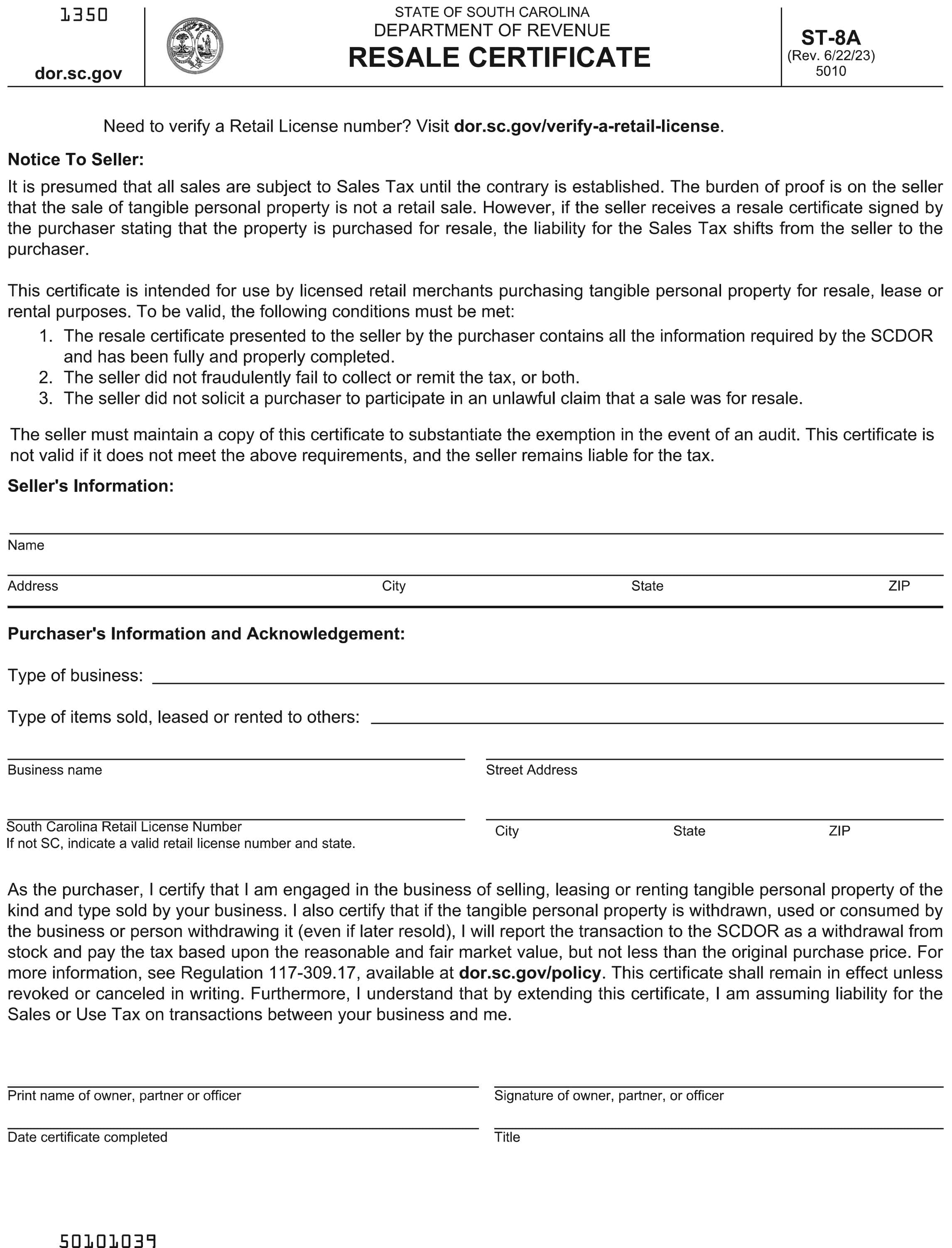 South Carolina Resale Certificate | Trivantage