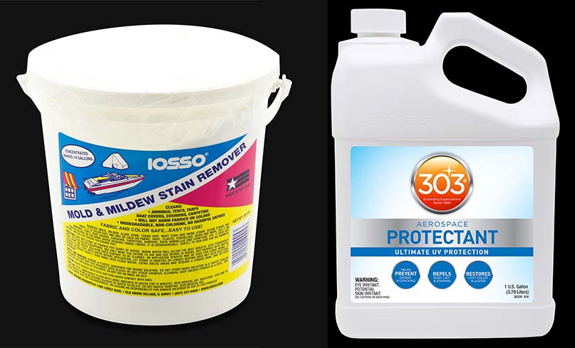 2 cleaning product left to right: 1 jug of 303 Protectant, and 1 tub of IOSSO mold and mildew stain remover