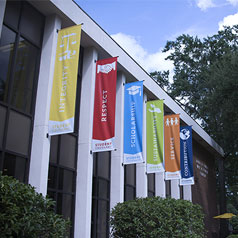 colorful vertical banners hung individually across the front of a build
