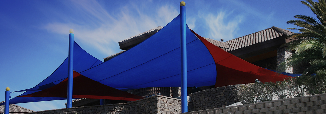 blue and grey triangle shade sails