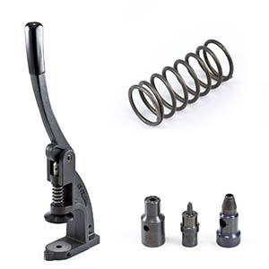 Assorted tools: 1 bench mount handpress, 1 replacement top spring for hand press, and 1 die set
