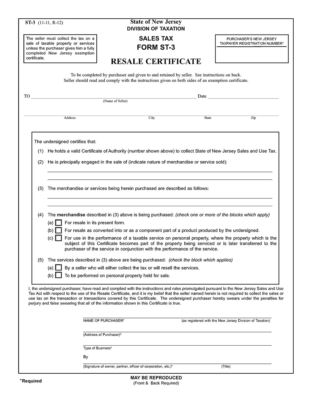 New Jersey Resale Certificate Trivantage