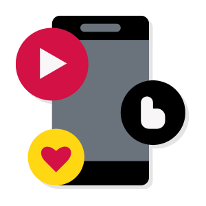 icon images of mobile phone, a thumbsup, heart, and a recording icon