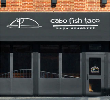 An awning in front of a building displaying a logo of 