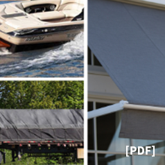 3 images: top left (boat), bottom left (Industrial fabric) and right(darkgrey awning)